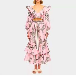 Floral pineapple design pink ruffle top with matching maxi skirt set, Small